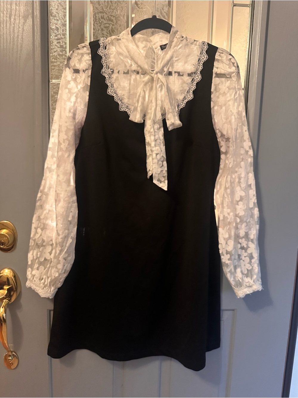 Unique Vintage Black Shift Dress with White Lace Blouse Overlay